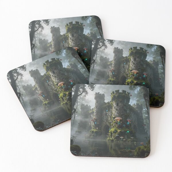 Item preview, Abandoned misty forest castle with glowing mushrooms – mystical magic between stone and silence designed and sold by FotoworldEdel.