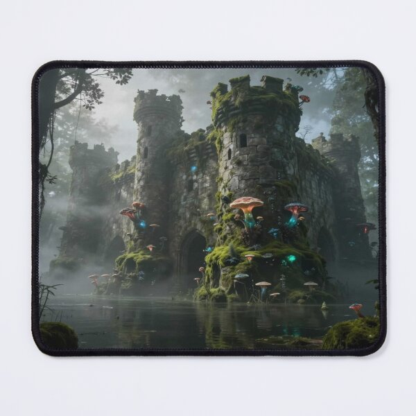 Item preview, Abandoned misty forest castle with glowing mushrooms – mystical magic between stone and silence designed and sold by FotoworldEdel.