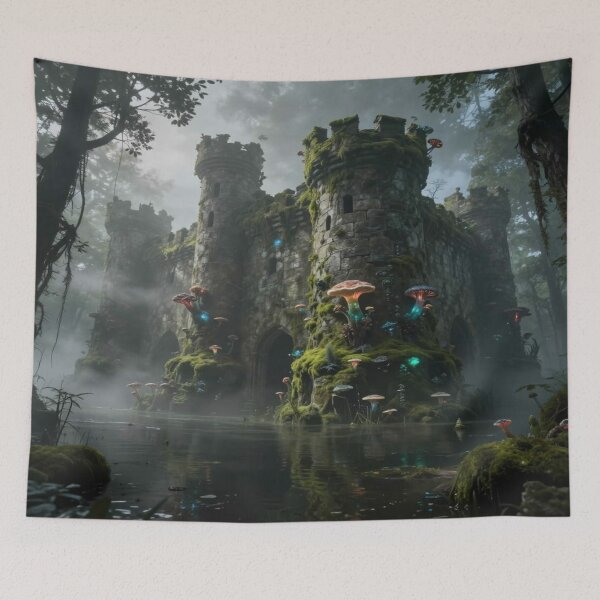 Item preview, Abandoned misty forest castle with glowing mushrooms – mystical magic between stone and silence designed and sold by FotoworldEdel.