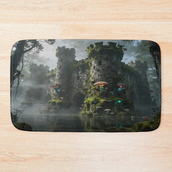 Item preview, Abandoned misty forest castle with glowing mushrooms – mystical magic between stone and silence designed and sold by FotoworldEdel.