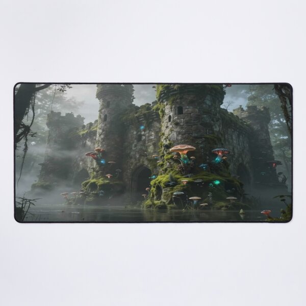 Item preview, Abandoned misty forest castle with glowing mushrooms – mystical magic between stone and silence designed and sold by FotoworldEdel.