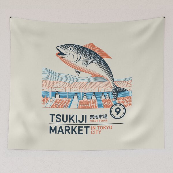 Item preview, Tsukiji Market Tokyo Poster – Playful Japanese Fish Art with Vintage Street Food Vibe designed and sold by paulo silveira.