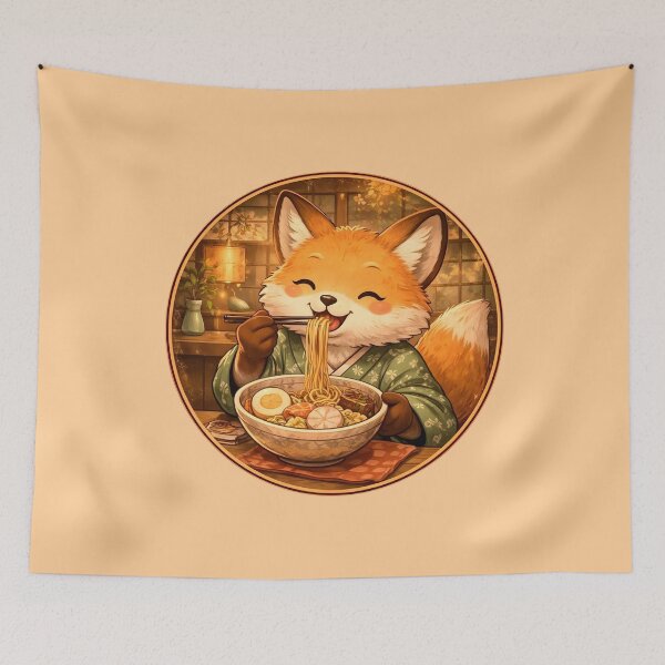 Item preview, Cute Fox Eating Ramen – Cozy Japanese Night Café Art designed and sold by CogoPrints.
