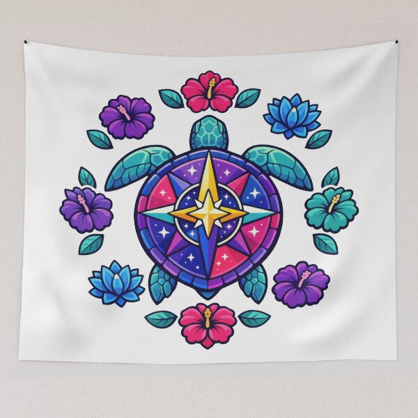 Item preview, Cosmic Compass Mandala Sea Turtle with Floral Ring designed and sold by zoughlal.