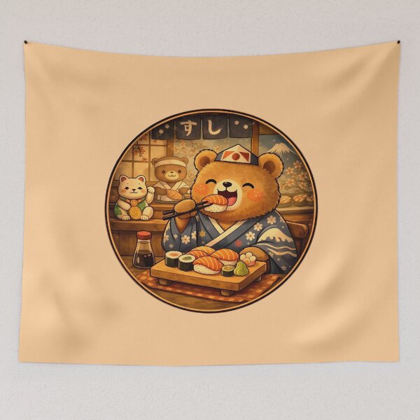 Item preview, Kawaii Bear Eating Sushi – Cozy Japanese Food Illustration designed and sold by CogoPrints.