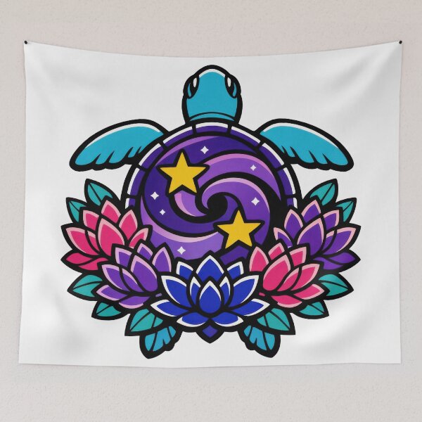 Item preview, Modern Tattoo Flash Sea Turtle with Lotus Bouquet and Star Shell designed and sold by zoughlal.