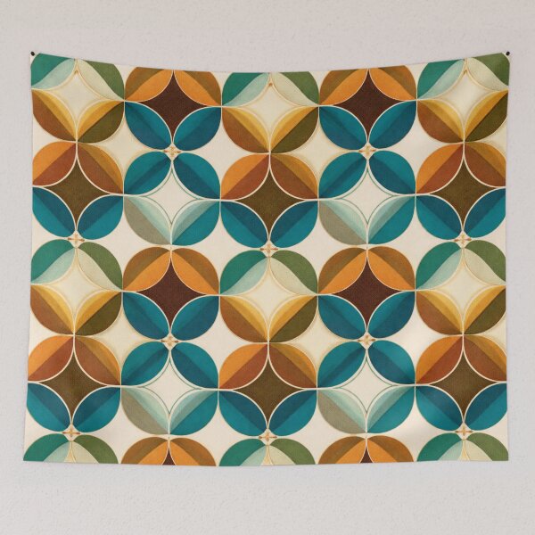 Item preview, Retro Circle Geometric Pattern in Teal & Mustard (AI Vintage Design) designed and sold by Cleora Art .