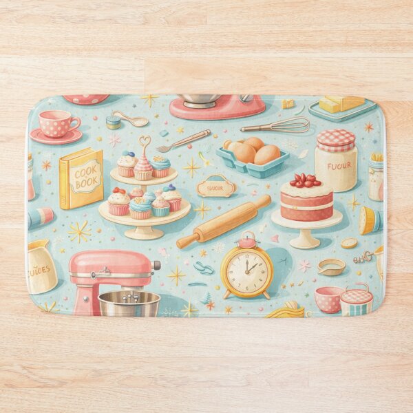 Item preview, Retro 50s Kitchen Baking Pattern in Pastel Pink & Blue (AI Seamless Design) designed and sold by Cleora Art .