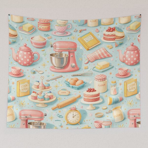 Item preview, Retro 50s Kitchen Baking Pattern in Pastel Pink & Blue (AI Seamless Design) designed and sold by Cleora Art .