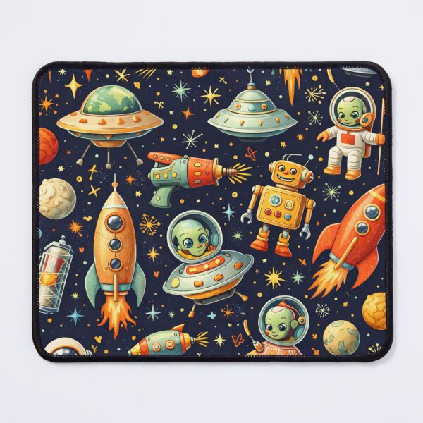 Item preview, Retro Space Pattern with Rockets, UFOs & Planets on Dark Blue (AI Seamless Design) designed and sold by Cleora Art .