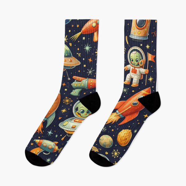 Item preview, Retro Space Pattern with Rockets, UFOs & Planets on Dark Blue (AI Seamless Design) designed and sold by Cleora Art .