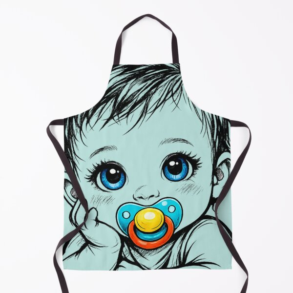 Artikelvorschau, Niedliches Baby mit großen blauen Augen und buntem Schnuller – Skizze mit schwarzem Marker (KI-Kunst) entworfen und verkauft von Cleora Visuals.