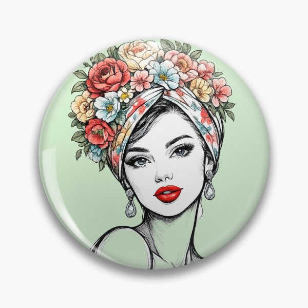 Item preview, Beautiful Woman with Red Lips and Retro Floral Turban – Black Marker Sketch AI Art designed and sold by Duchowe Wibracje.