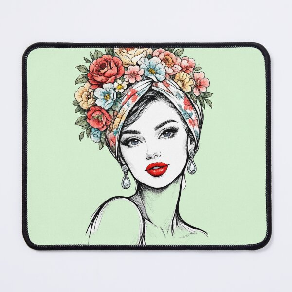 Item preview, Beautiful Woman with Red Lips and Retro Floral Turban – Black Marker Sketch AI Art designed and sold by Cleora Visuals.