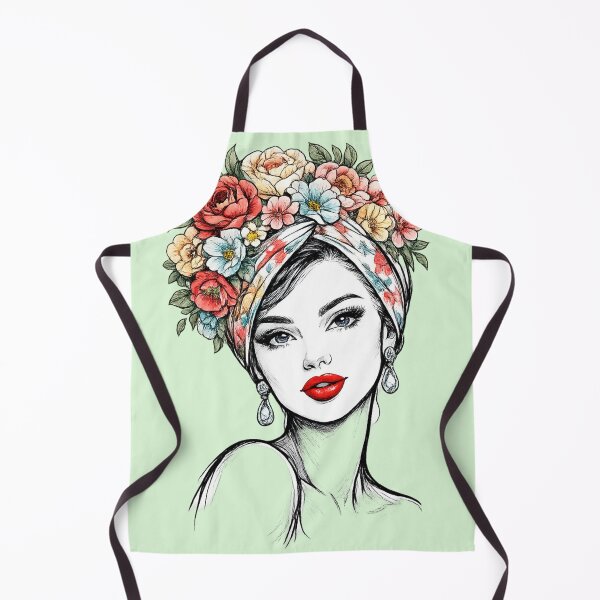 Item preview, Beautiful Woman with Red Lips and Retro Floral Turban – Black Marker Sketch AI Art designed and sold by Cleora Art .