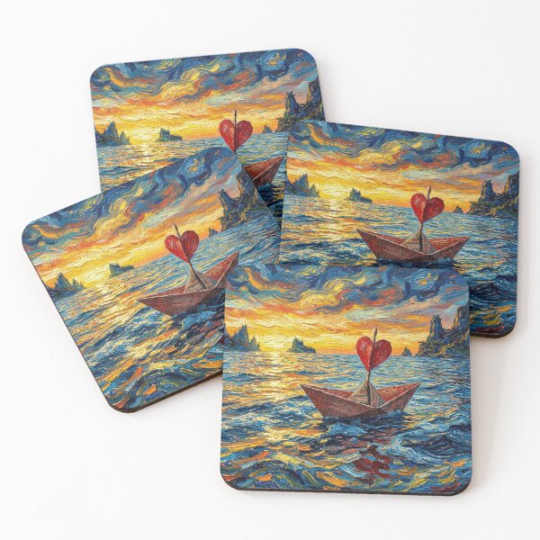 Item preview, Van Gogh Style Paper Boat with Heart Sail at Sunset designed and sold by AgingeR.