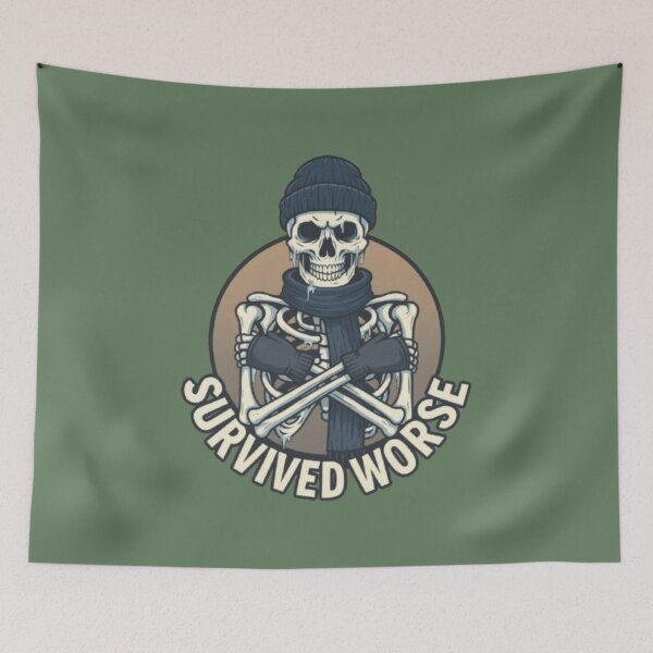 Item preview, Survived Worse – Funny Winter Skeleton Grit Humor Design designed and sold by Blaze & Trail Creative.