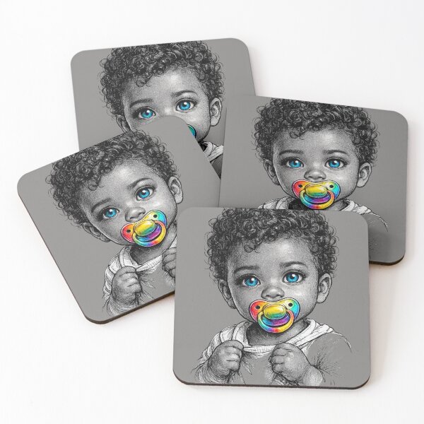 Item preview, Cute Black Baby with Big Blue Eyes & Rainbow Pacifier – AI Ink Sketch Portrait designed and sold by Duchowe Wibracje.