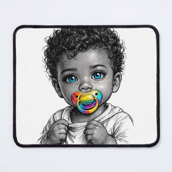 Item preview, Cute Black Baby with Big Blue Eyes & Rainbow Pacifier – AI Ink Sketch Portrait designed and sold by Cleora Art .
