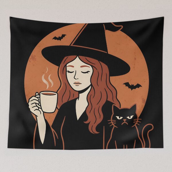 Item preview, Coffee Witch Art Print – Cozy Witchcore Halloween Wall Art with Black Cat designed and sold by AbstractAuraArt.