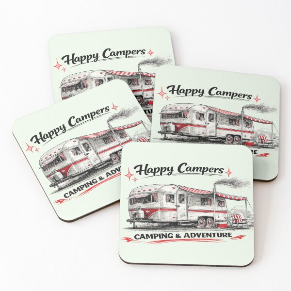 Item preview, AI Vintage 70s Camper Trailer Line Art – Red Retro Caravan “Happy Campers” Camping Quote designed and sold by Cleora Visuals.
