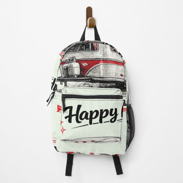 Item preview, AI Vintage 70s Camper Trailer Line Art – Red Retro Caravan “Happy Campers” Camping Quote designed and sold by Cleora Visuals.