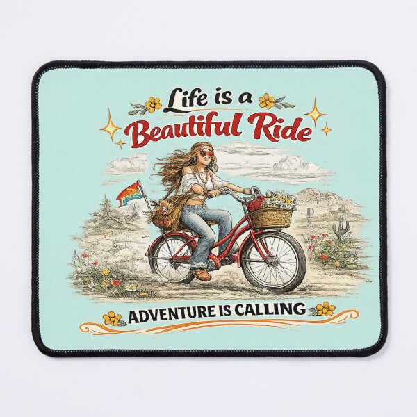 Item preview, Retro Bicycle Girl – 70s Boho Cycling AI Art | “Life is a Beautiful Ride” Quote designed and sold by Cleora Art .
