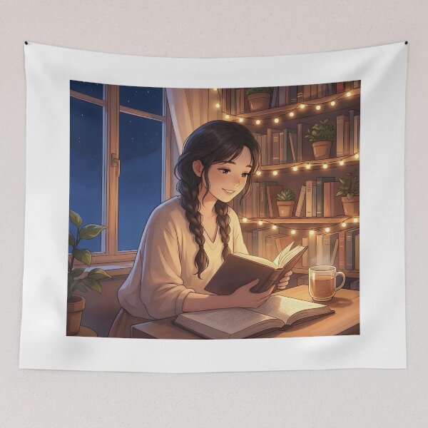 Item preview, Cozy Reading Girl Art Print – Soft Anime Book Lover Wall Art for Home Decor designed and sold by AbstractAuraArt.