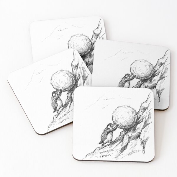 Item preview, The Absurd Hero - Sisyphus Penguin Sketch & The Eternal Climb designed and sold by The Midnight Archive.