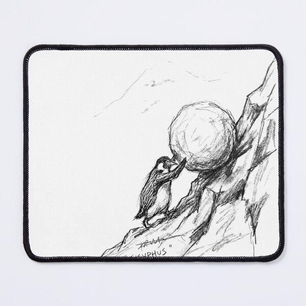 Item preview, The Absurd Hero - Sisyphus Penguin Sketch & The Eternal Climb designed and sold by The Midnight Archive.