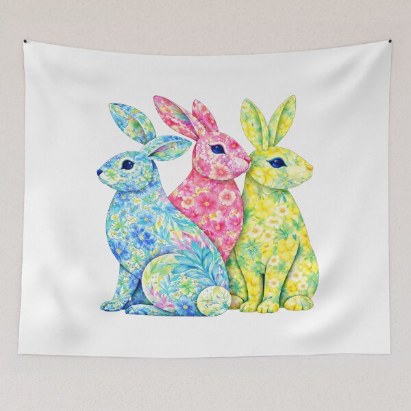 Item preview,  Colorful Floral Trio of Bunnies – Vibrant Tropical Rabbit Art designed and sold by MerryHillStudio.