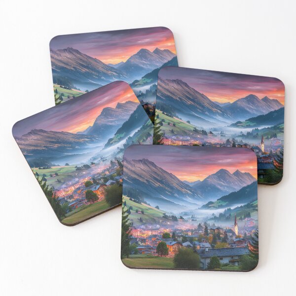 Item preview, Serene Mountain Valley at Sunset with Charming Town designed and sold by Artessie.
