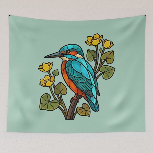 Item preview, Stained Glass Common Kingfisher with Flowers designed and sold by BirdsnStuff.