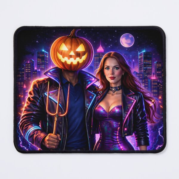 Item preview, Headless Horseman Neon City Duo • Retro Synthwave Halloween Art designed and sold by TheHorsemanRidesAgain.