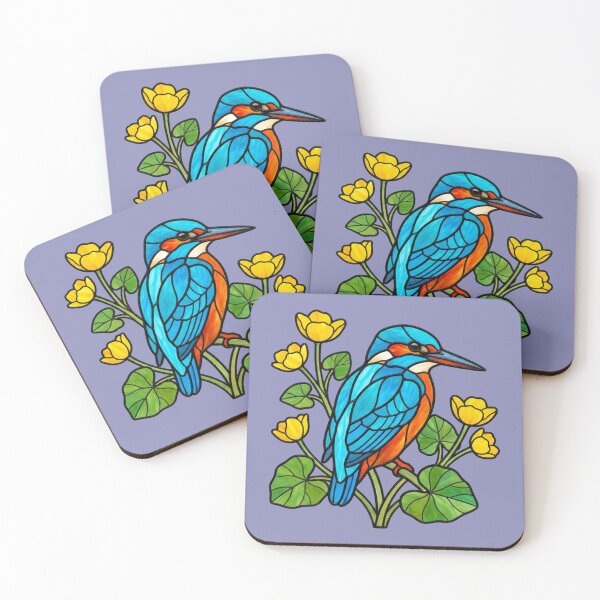 Item preview, Stained Glass Kingfisher Perched Among Yellow Blooms designed and sold by BirdsnStuff.