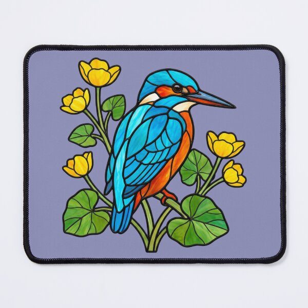 Item preview, Stained Glass Kingfisher Perched Among Yellow Blooms designed and sold by BirdsnStuff.