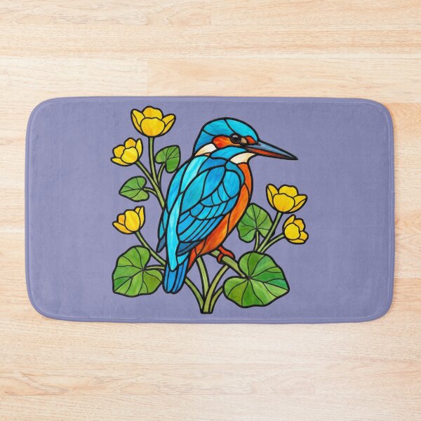 Item preview, Stained Glass Kingfisher Perched Among Yellow Blooms designed and sold by BirdsnStuff.