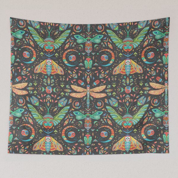 Item preview, supernova.calling_magical forest pattern, moon, insects, black background, hand drawn, bohemian designed and sold by Soulape.