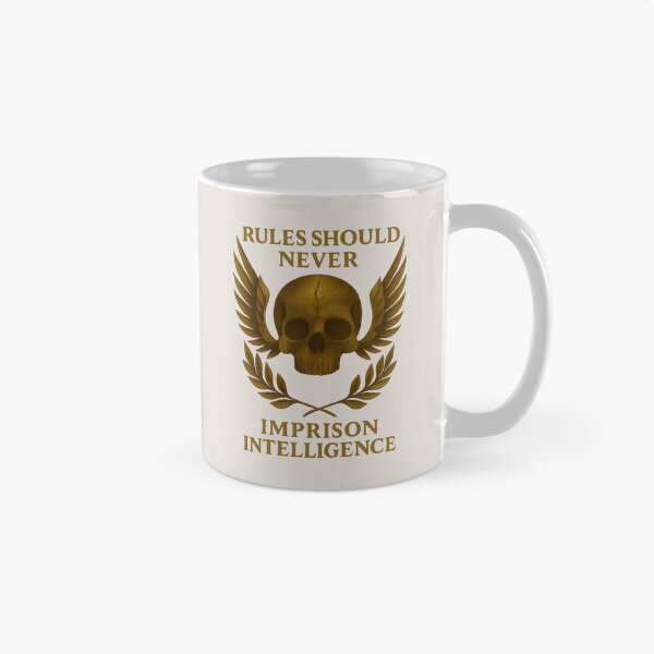 Item preview, Space Marine Inspired Skull with Laurel and Golden Wings – RULES SHOULD NEVER IMPRISON INTELLIGENCE – Futuristic Gothic T-Shirt designed and sold by misaelP.
