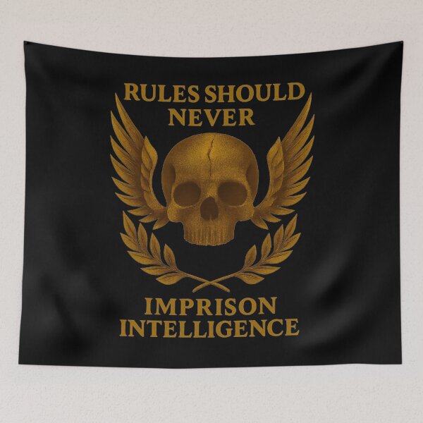 Item preview, Space Marine Inspired Skull with Laurel and Golden Wings – RULES SHOULD NEVER IMPRISON INTELLIGENCE – Futuristic Gothic T-Shirt designed and sold by misaelP.