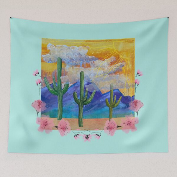 Item preview, Sketched Cacti and Watercolor Painted Mountains Collage, with Pink Desert Flowers and Sunshine designed and sold by Uplifting Vib'n Design and Decor .