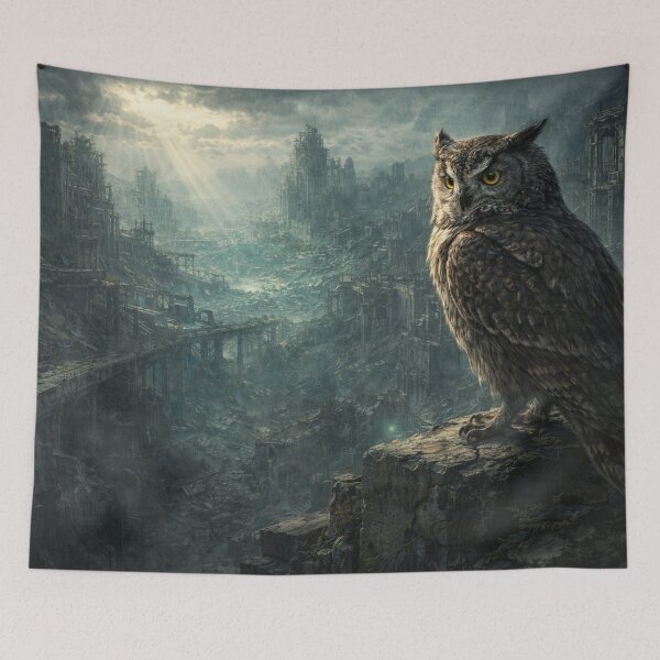 Item preview, Owl in Abandoned City Ruins – Dark Fantasy Art Illustration designed and sold by TroyTheTerrific.
