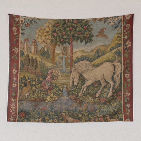 Item preview, Unicorn at the Fountain Tapestry – Medieval Garden Fantasy designed and sold by LuxuryApparels.