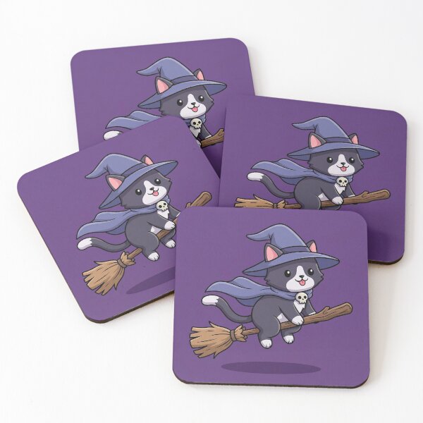 Item preview, Cute Witch Cat Flying on Broom – Kawaii Halloween Cat Art designed and sold by AbstractAuraArt.