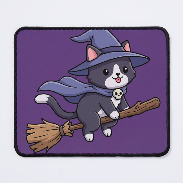 Item preview, Cute Witch Cat Flying on Broom – Kawaii Halloween Cat Art designed and sold by AbstractAuraArt.