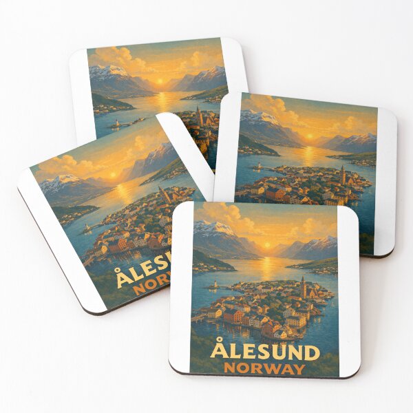 Item preview, Ålesund Fjord Sunset with Art Nouveau Coastal Townscape designed and sold by Aryabek.