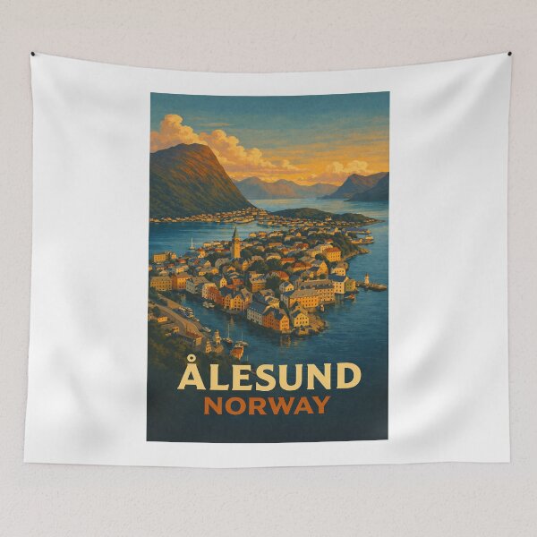 Item preview, Ålesund Harbour and Islands at Golden Hour in Norway designed and sold by Aryabek.