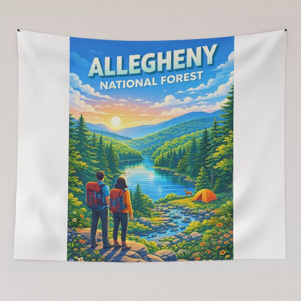 Item preview, Morning View of Allegheny National Forest with Lake, Tents, and Wildlife designed and sold by Places On Earth.