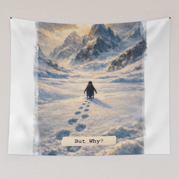 Item preview, but why? lonely penguin walking towards the mountain designed and sold by Mighty-Blue.