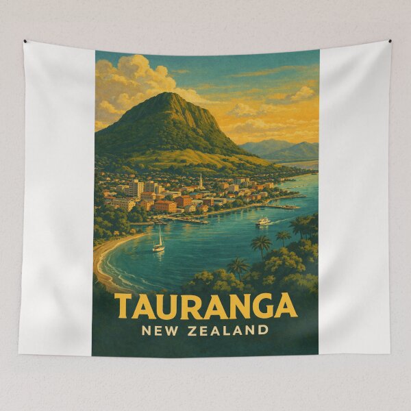 Item preview, Tauranga Waterfront and Mount Maunganui with Boats and Coastal Townscape designed and sold by Places On Earth.